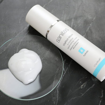 vitarich mask 30 g on dark table with mask product in bowl next to it