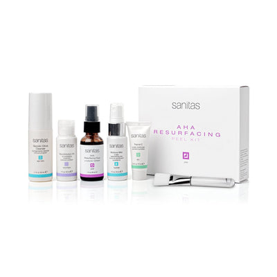 products in AHA resurfacing peel kit lined up together with box
