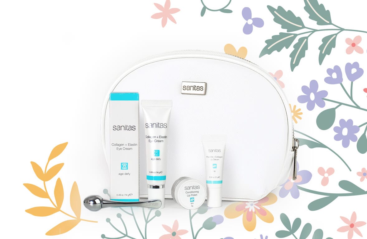 Floral Mother's Day Banner featuring our Bright Eyes + Smooth Lips Kit: Collagen + Elastin Eye Cream 14g, Conditioning Lip Polish 3g, Peptide + Collagen Lip Serum 2g, Branded Eye Roller, Branded Bag
