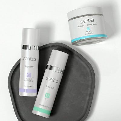 Rejuven A, Topical C and Collagen + Elastin Mask on white background with dark grey dish