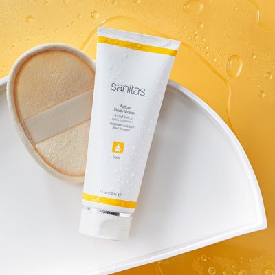 active body wash on play with body loofah