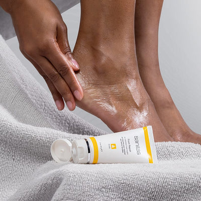 model applying foot repair