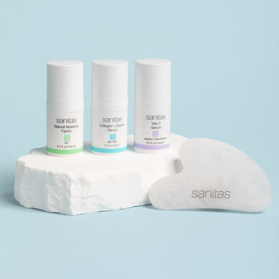 Sanitas skincare Triple Serum Sculpting Set products on a light blue background