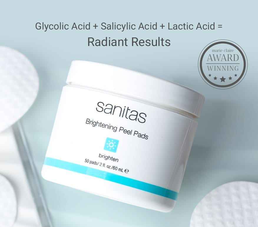 Sanitas Brightening Peel Pads container with text about acids and results on a light blue background