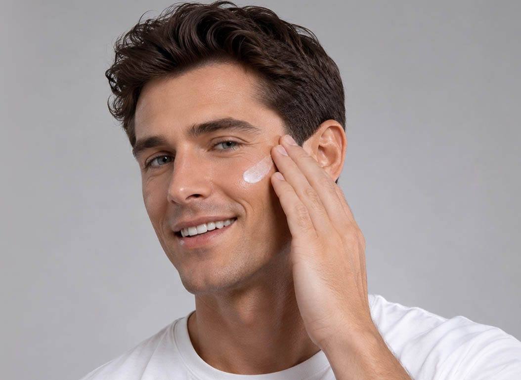 Man applying cream to his face against a gray background