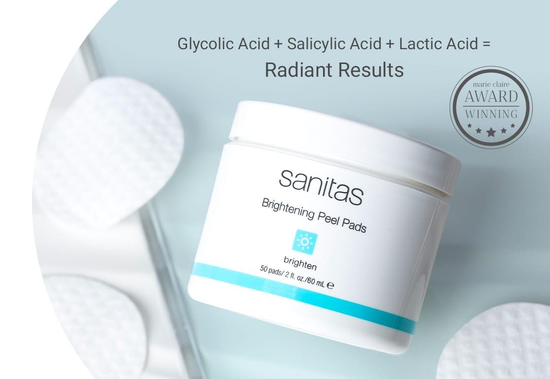 Sanitas brightening peel pads with text about acids and results on a light blue background