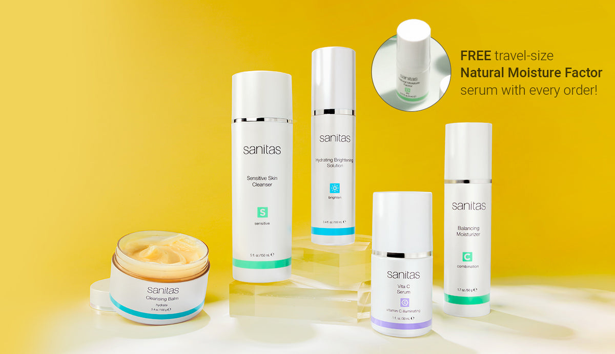 5 Sanitas skincare products arranged on a white surface against a bright yellow background and a circular inset showing a travel-size Natural Moisture Factor and text on the right reads 'FREE travel-size Natural Moisture Factor serum with every order!'.