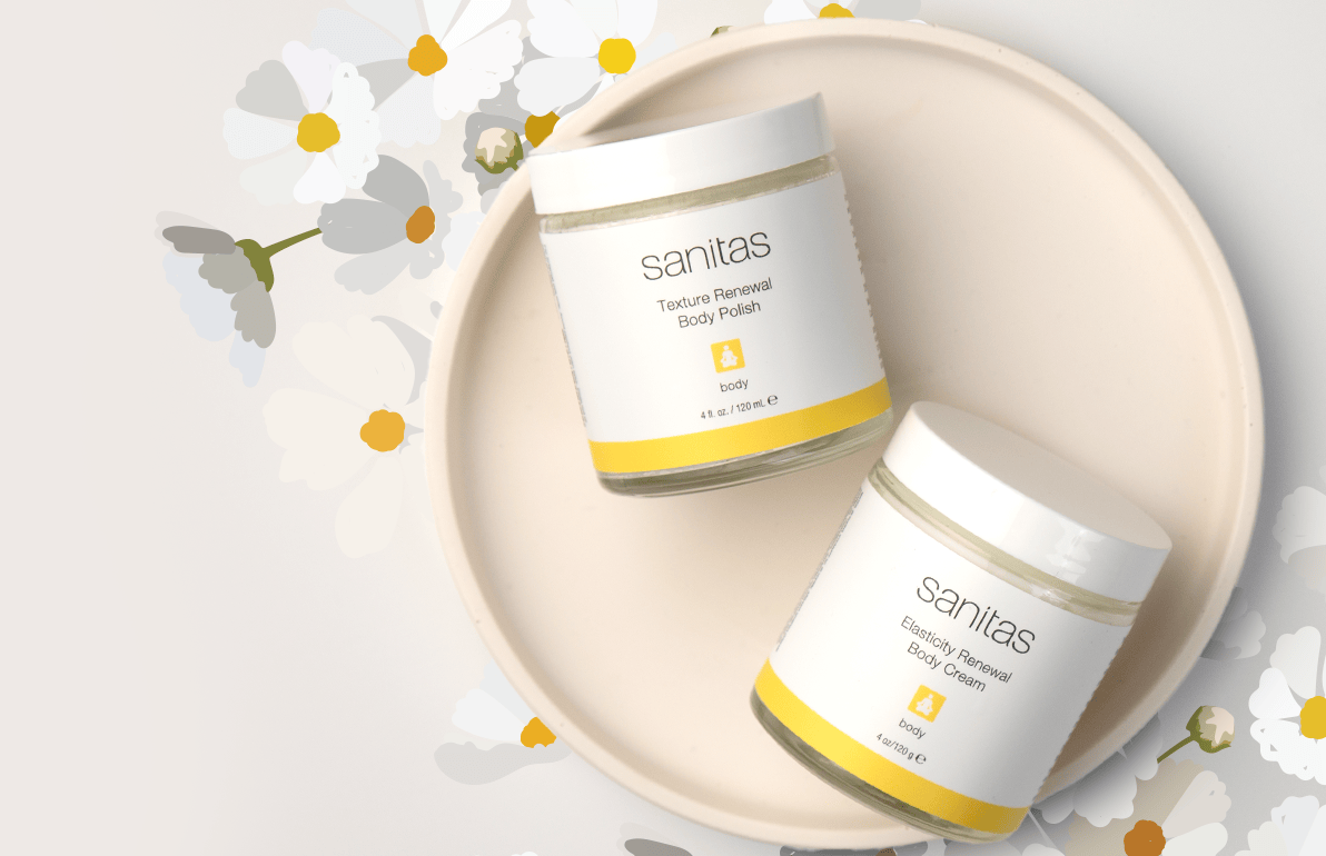 Sanitas Texture Renewal Body Polish & Elasticity Renewal Body Cream jars on a plate with floral decorations