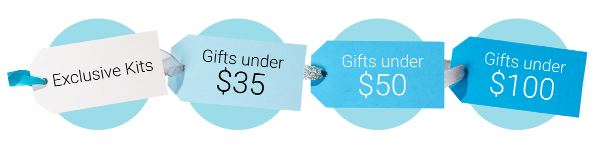 Four horizontal light blue circular gift tags with white labels reading 'Exclusive Kits', 'Gifts under $35', 'Gifts under $50', and 'Gifts under $100', connected by ribbon loops on a white background.